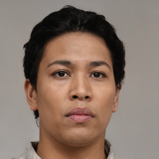 Neutral asian young-adult female with short  black hair and brown eyes