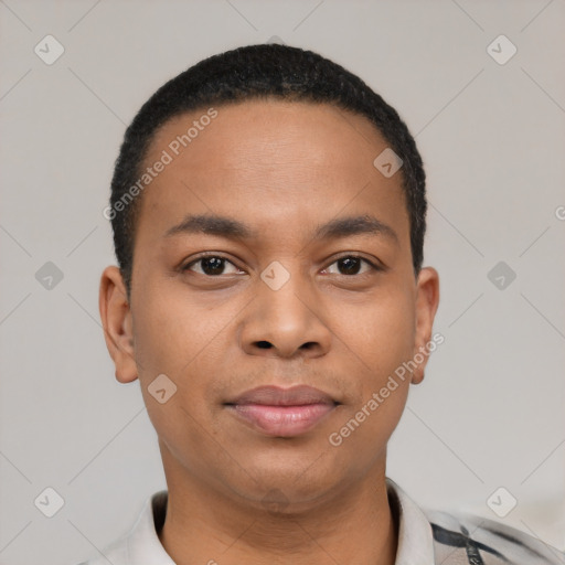 Neutral latino young-adult male with short  black hair and brown eyes