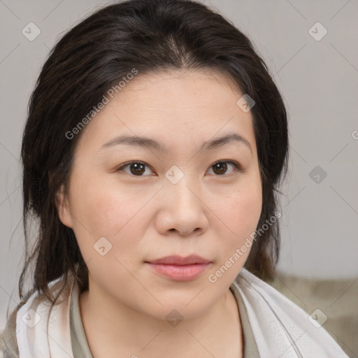 Neutral white young-adult female with medium  brown hair and brown eyes