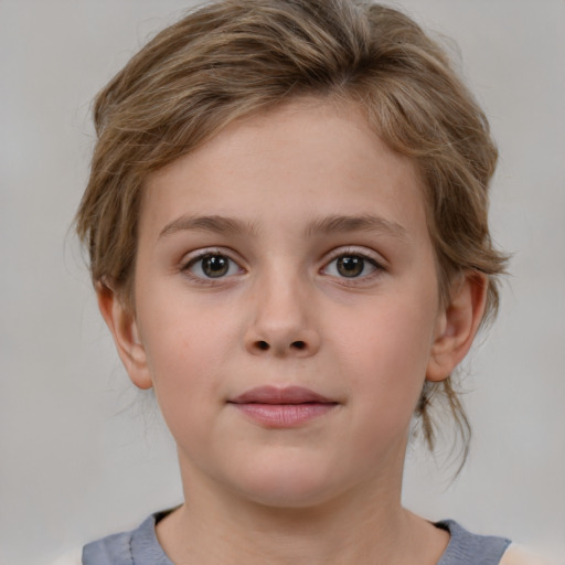 Neutral white child female with medium  brown hair and grey eyes