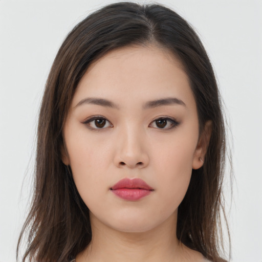 Neutral asian young-adult female with long  brown hair and brown eyes