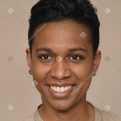 Joyful black young-adult female with short  black hair and brown eyes