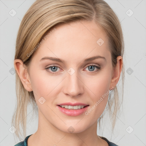 Joyful white young-adult female with medium  brown hair and blue eyes