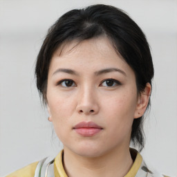 Neutral asian young-adult female with medium  brown hair and brown eyes