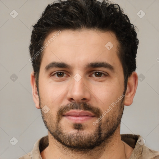 Neutral white young-adult male with short  brown hair and brown eyes