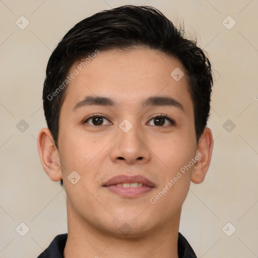 Joyful white young-adult male with short  black hair and brown eyes