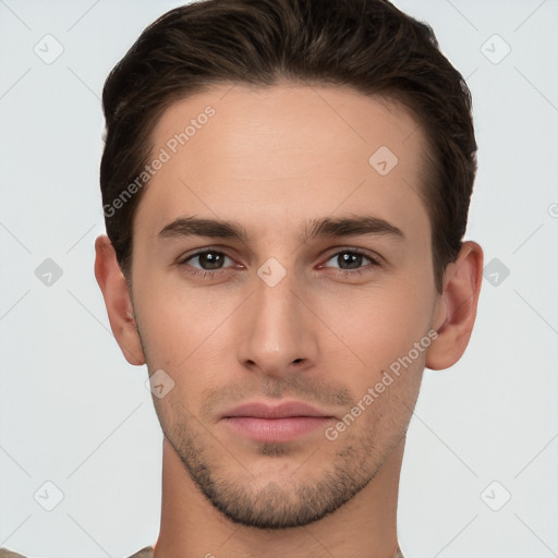 Neutral white young-adult male with short  brown hair and brown eyes