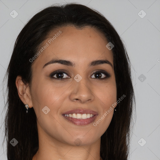 Joyful latino young-adult female with long  brown hair and brown eyes