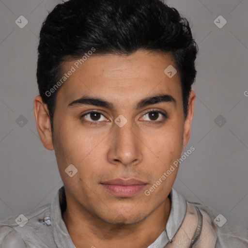 Neutral latino young-adult male with short  brown hair and brown eyes