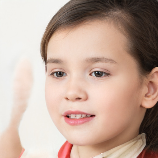 Joyful white child female with long  brown hair and brown eyes