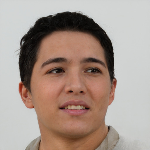Neutral asian young-adult male with short  brown hair and brown eyes