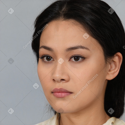 Neutral asian young-adult female with medium  black hair and brown eyes