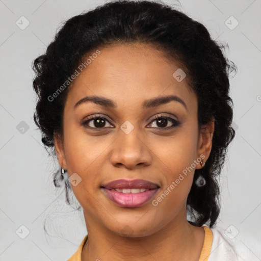 Joyful latino young-adult female with medium  black hair and brown eyes