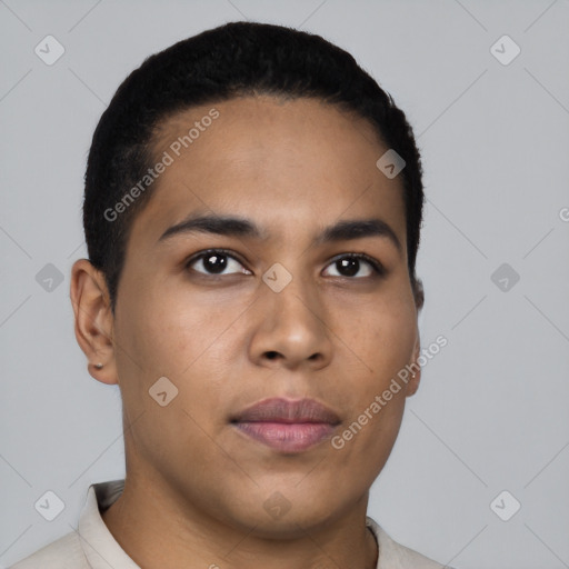 Neutral latino young-adult male with short  black hair and brown eyes