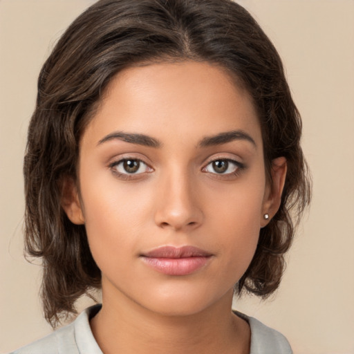 Neutral white young-adult female with medium  brown hair and brown eyes