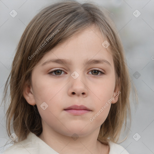 Neutral white child female with medium  brown hair and grey eyes