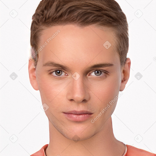 Neutral white young-adult male with short  brown hair and brown eyes