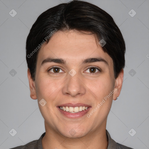 Joyful white young-adult male with short  brown hair and brown eyes