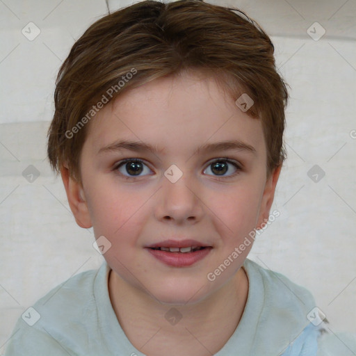 Joyful white child female with short  brown hair and brown eyes