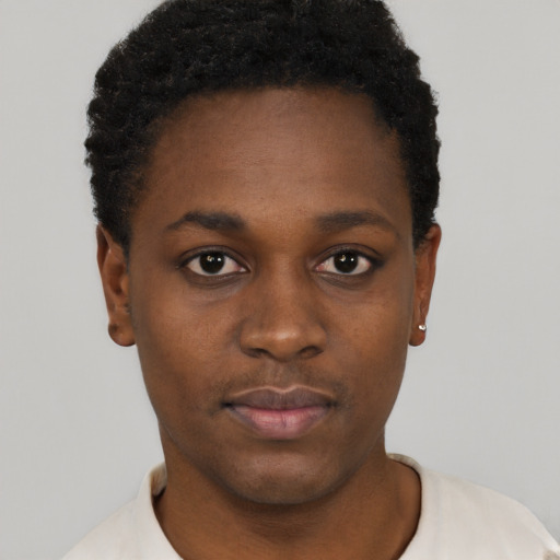Neutral black young-adult female with short  black hair and brown eyes