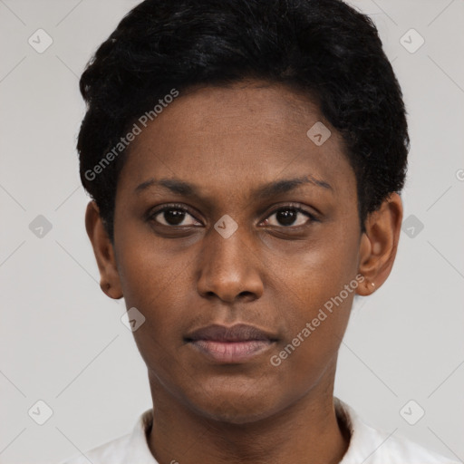 Neutral black young-adult female with short  black hair and brown eyes