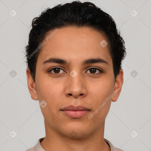 Neutral latino young-adult male with short  brown hair and brown eyes