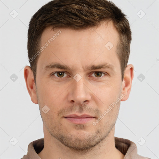 Neutral white young-adult male with short  brown hair and brown eyes