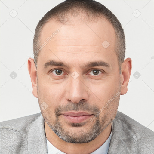 Neutral white adult male with short  brown hair and brown eyes