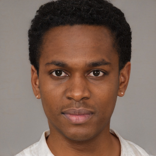 Neutral black young-adult male with short  black hair and brown eyes