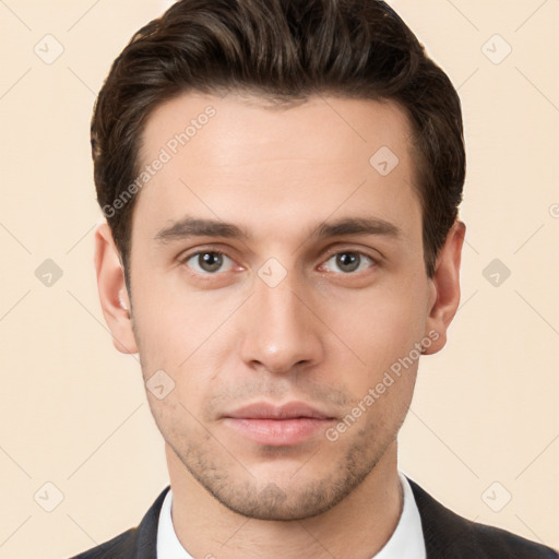 Neutral white young-adult male with short  brown hair and brown eyes