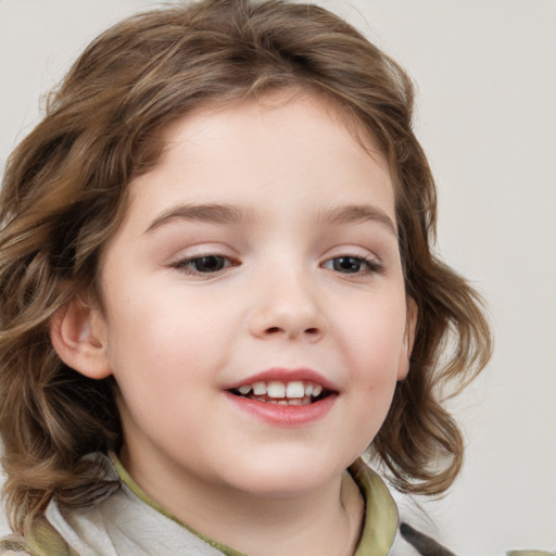 Joyful white child female with medium  brown hair and brown eyes