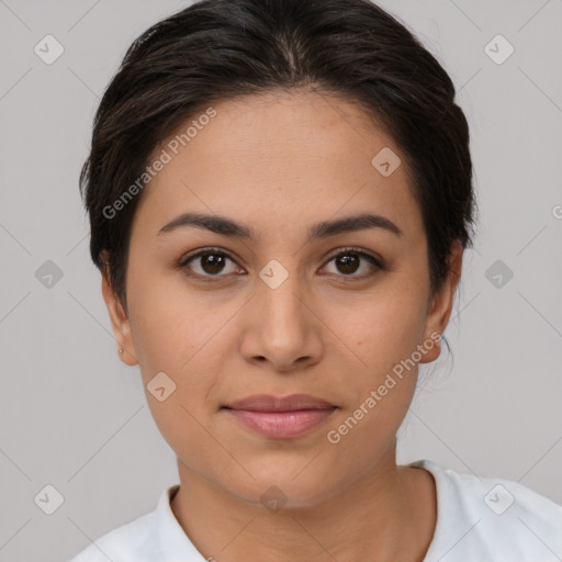 Joyful white young-adult female with short  brown hair and brown eyes