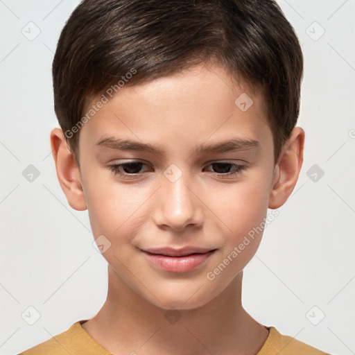 Joyful white child male with short  brown hair and brown eyes