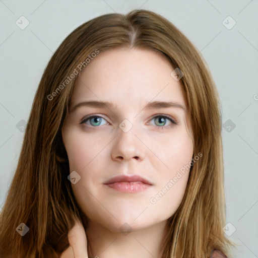 Neutral white young-adult female with long  brown hair and green eyes