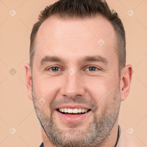 Joyful white young-adult male with short  brown hair and brown eyes