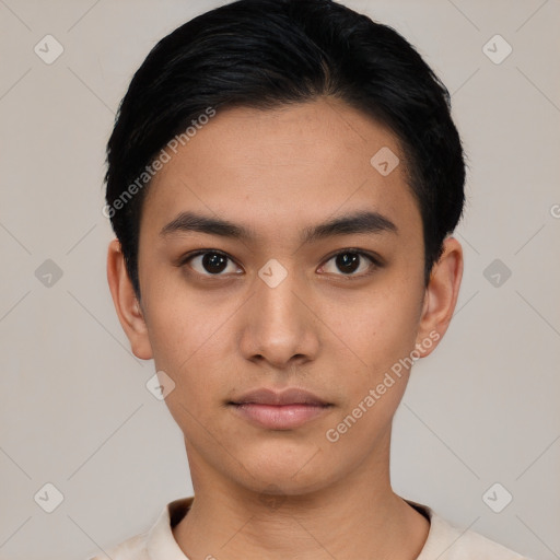 Neutral latino young-adult male with short  black hair and brown eyes