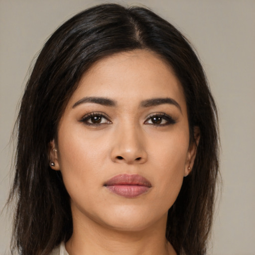 Neutral asian young-adult female with long  brown hair and brown eyes
