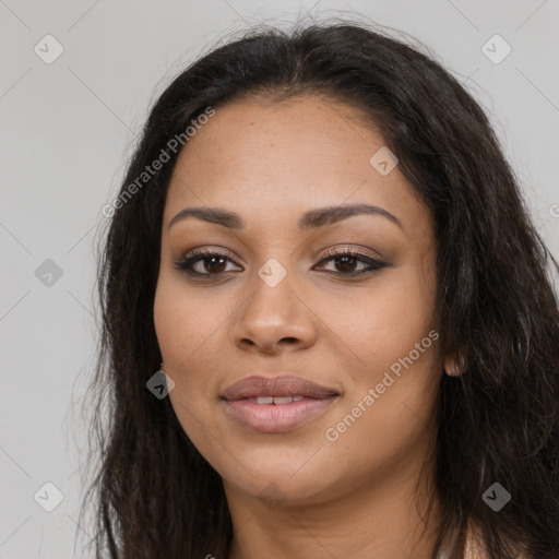 Joyful latino young-adult female with long  brown hair and brown eyes