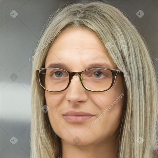 Neutral white adult female with long  brown hair and blue eyes