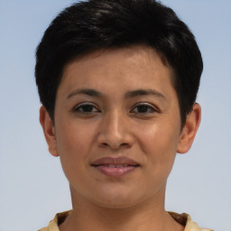 Joyful asian young-adult female with short  brown hair and brown eyes