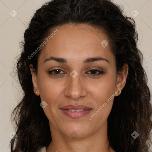 Joyful white adult female with long  brown hair and brown eyes