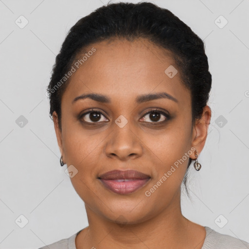 Joyful latino young-adult female with short  black hair and brown eyes