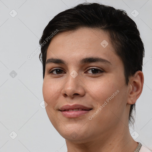 Joyful white young-adult female with short  brown hair and brown eyes