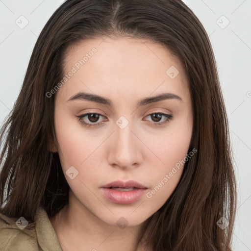 Neutral white young-adult female with long  brown hair and brown eyes