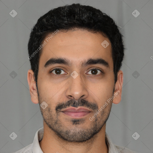 Neutral latino young-adult male with short  black hair and brown eyes