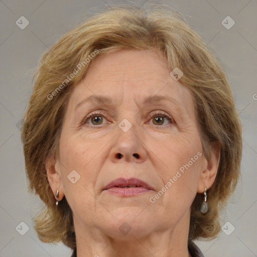 Joyful white middle-aged female with medium  brown hair and brown eyes