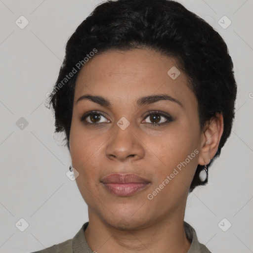 Joyful latino young-adult female with short  black hair and brown eyes