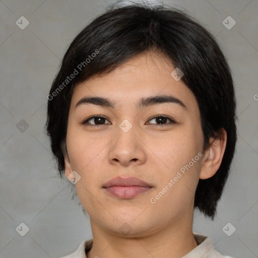 Neutral asian young-adult female with medium  black hair and brown eyes