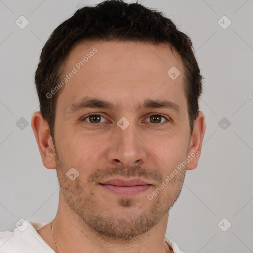 Joyful white young-adult male with short  brown hair and brown eyes