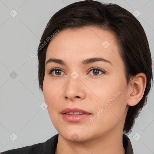 Neutral white young-adult female with medium  brown hair and brown eyes